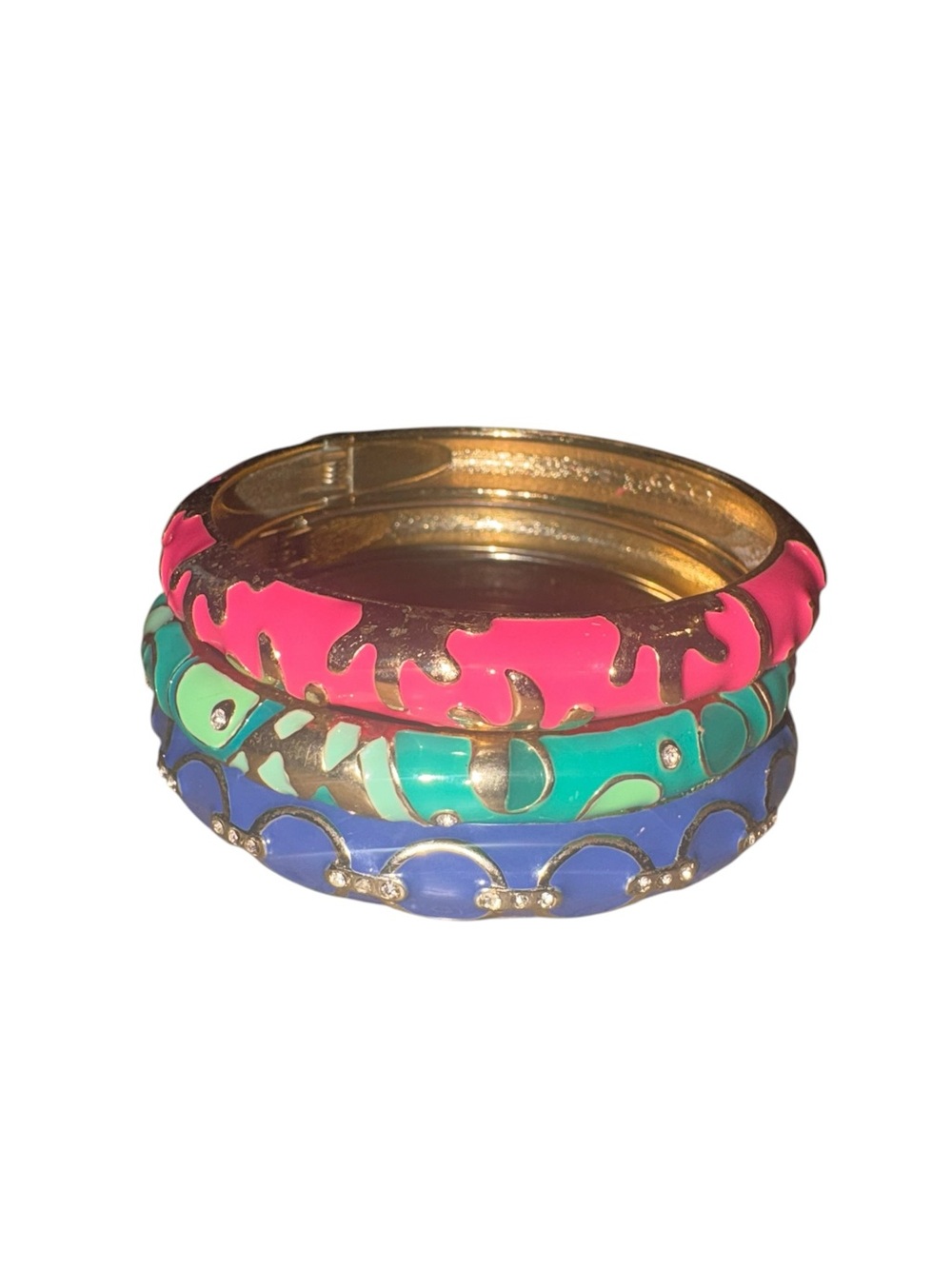 Stack of 3 enamel on metal clamper bracelets. PInk, green, blue. CC